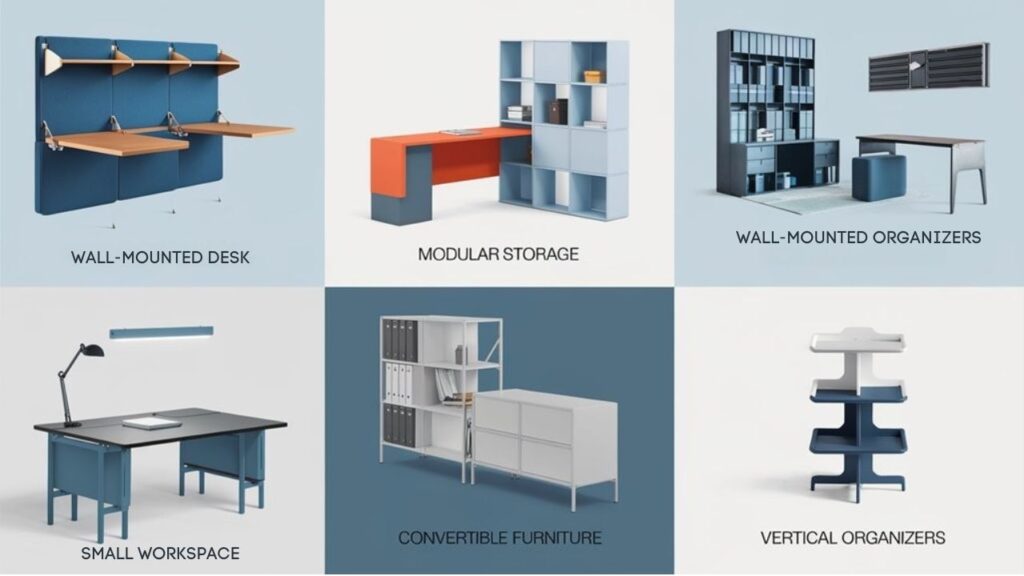 An infographic showing 5 space-saving desk organization ideas for professionals with small workspaces. Include fold-down desks, modular storage units, convertible furniture, wall-mounted organizers, and nested tables with clean, minimalist design using a blue and gray color scheme.