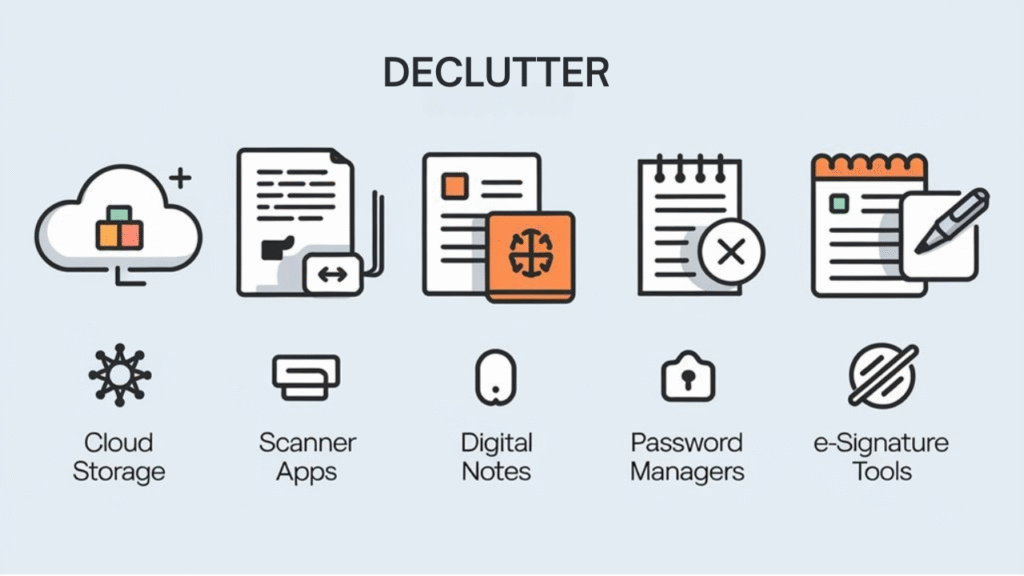 An infographic showing 5 digital tools that reduce physical clutter in workspaces. Include cloud storage, document scanners, digital note apps, password managers, and electronic signature tools. Use minimalist design with tech-inspired icons against a clean background.