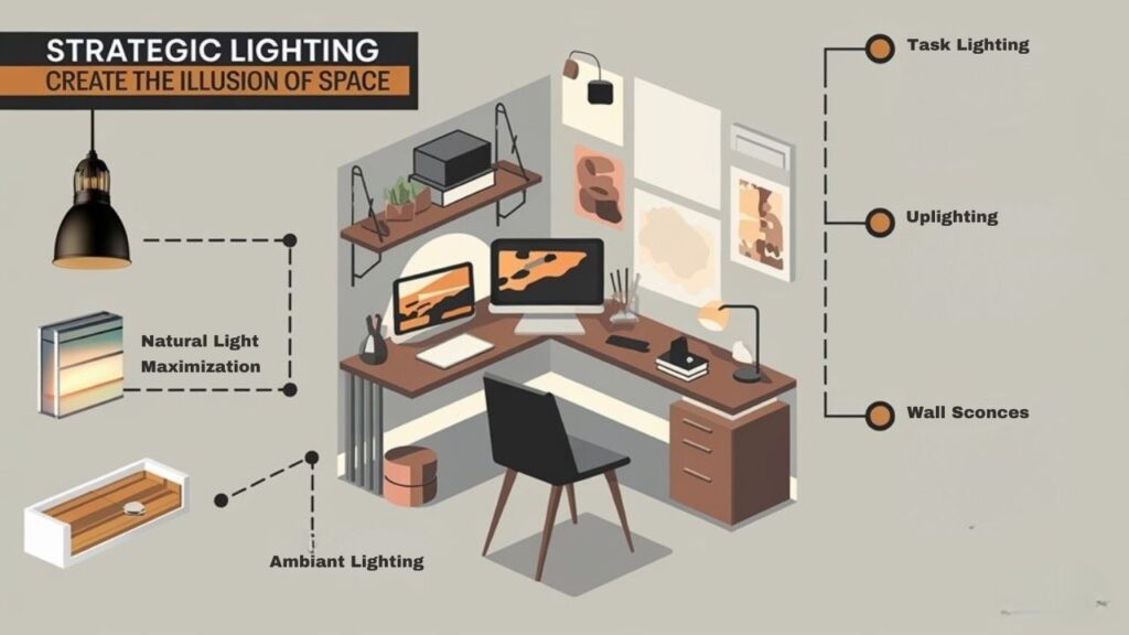 An infographic illustrating strategic lighting techniques to make small home offices appear larger. Show examples of task lighting, ambient lighting, and accent lighting positioned around a compact desk setup. Include visual comparisons of poorly lit versus well-lit spaces.