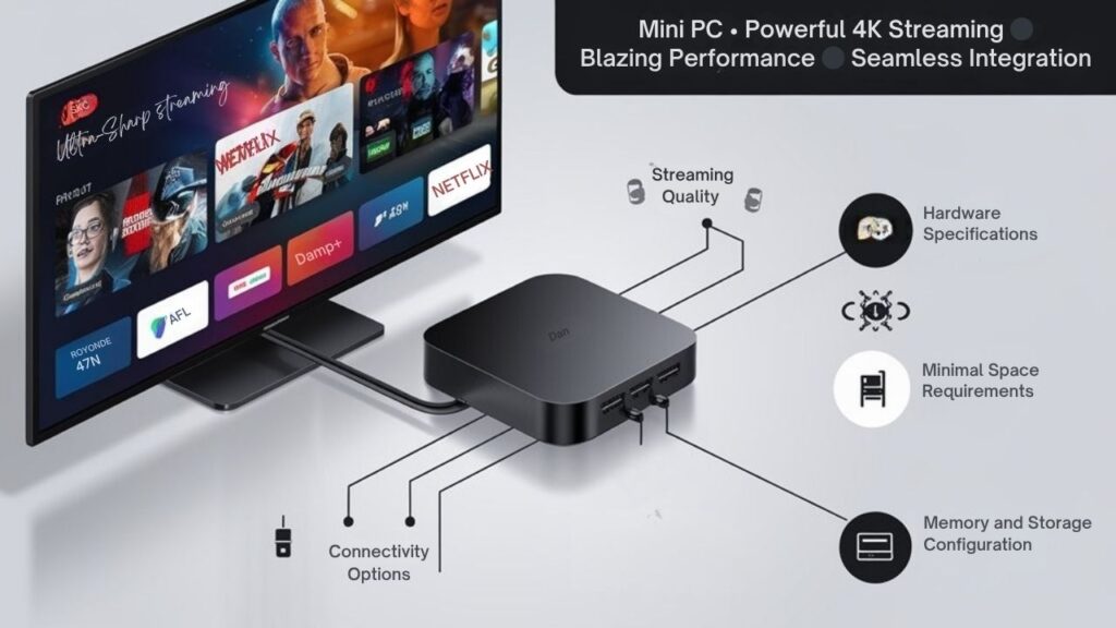 An infographic showing how mini PCs enhance home theaters by being connected to a 4K TV displaying ultra-sharp streaming content. Include comparison charts of streaming quality, hardware specifications, and minimal space requirements. Illustrate seamless integration with home theater systems using icons for Netflix, Disney+, and other services.