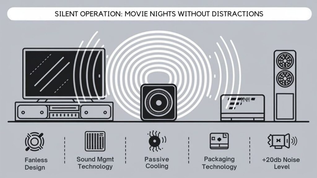 An infographic showing a mini PC next to a home theater setup with sound waves visually dampened. Use icons to demonstrate fanless design, special cooling technology, and noise level comparison between mini PCs and traditional systems during movie playback.