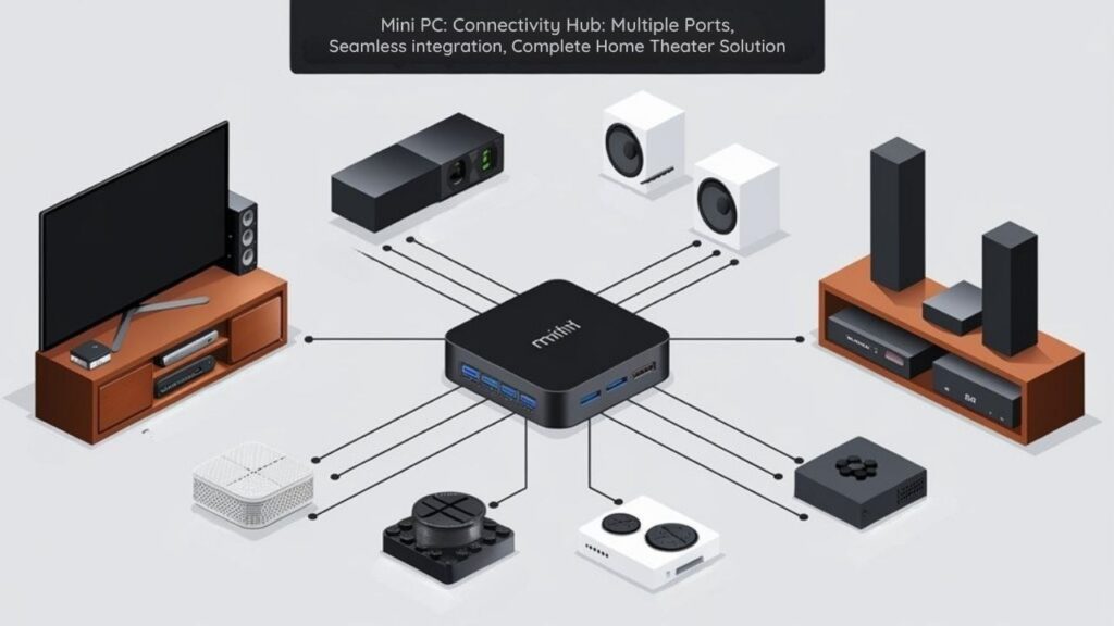 An infographic showing how mini PCs provide versatile connectivity for home theaters. Display multiple ports (HDMI, DisplayPort, USB, Ethernet, audio) connecting to various home theater components (TV, sound system, streaming devices, gaming consoles). Use a central mini PC with connection lines to each device, emphasizing seamless integration.