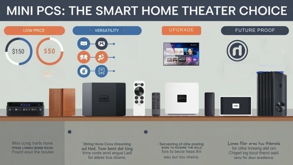 An infographic showing how mini PCs offer cost savings compared to dedicated media devices for home theaters. Include comparison charts of prices, versatility benefits, and upgrade potential. Use icons to represent streaming services and media capabilities. Show mini PC setup alongside traditional entertainment devices.