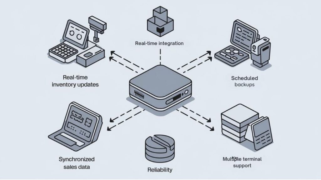 :n infographic showing a mini PC connecting multiple retail systems: POS terminals, inventory scanners, and databases with smooth data flow between them. Include icons representing real-time synchronization, compact size, and reliability. Use retail-friendly colors with a clean layout.