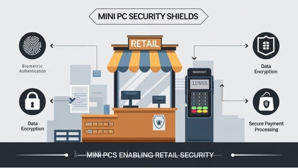 An infographic showing Mini PCs enhancing retail security with icons for biometric authentication, encryption, physical security features, and secure payment processing. Include retail setting with protected customer data visualization and comparison to traditional systems.