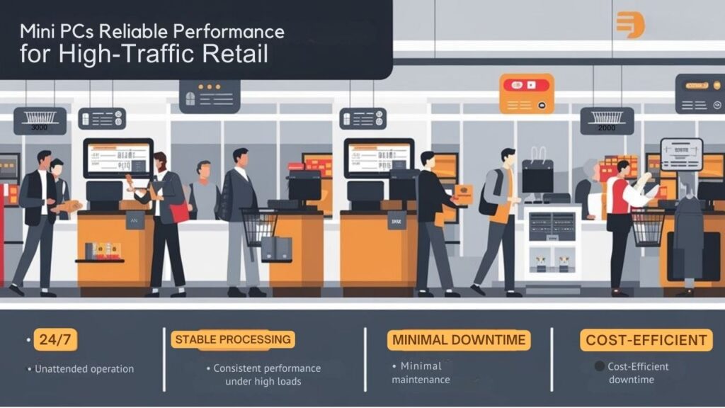 An infographic showing a busy retail environment with mini PCs powering various systems during peak shopping times. Illustrate why min pcs are ideal for retail through key benefits: 24/7 operation capability, consistent performance under high loads, and minimal maintenance requirements. Include visual comparison with traditional systems.
