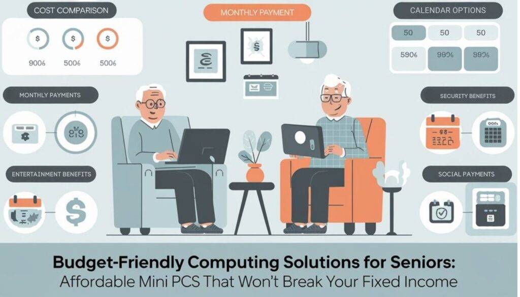 An infographic showing budget-friendly mini PCs for seniors on fixed incomes. Include cost comparison charts, monthly payment options, and energy-saving benefits. Feature simple icons of dollar signs, electricity bills, and calendar payments. Show seniors comfortably using mini PCs for telehealth and social connection.