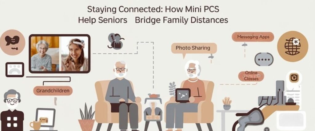 An infographic showing how mini PCs help seniors maintain family connections. Illustrate video calls with grandchildren, photo sharing, messaging apps, and social media with simple icons and warm colors. Include statistics about reduced isolation and improved wellbeing for connected seniors.