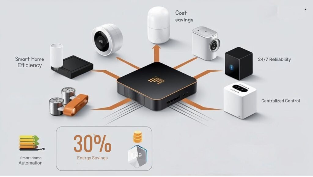 An infographic showing a central mini PC connected to smart home devices (thermostat, lights, security cameras, appliances), with arrows demonstrating energy and cost savings. Include graphs comparing mini PC power consumption to servers and desktops, and ROI timeline for smart home automation.