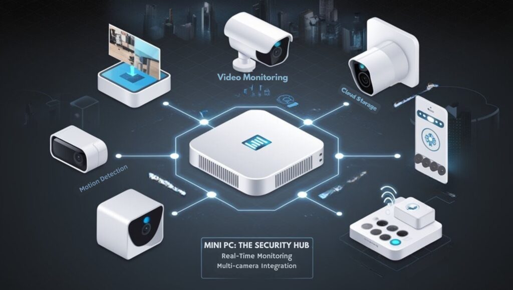An infographic showing a smart home security system powered by a mini PC. Feature icons for video monitoring, motion detection, cloud storage, and mobile alerts. Include a mini PC at center connecting all security devices with arrows