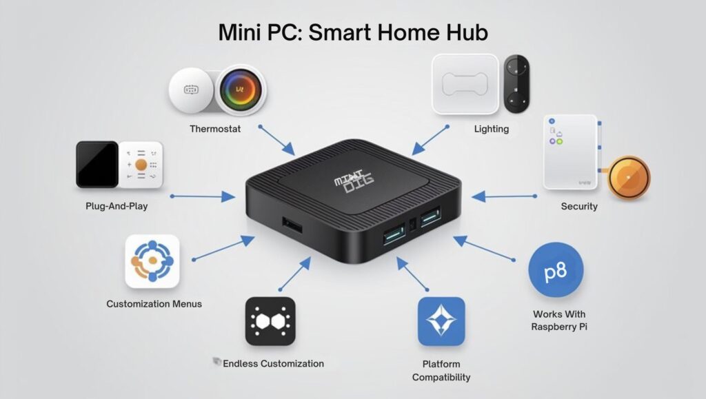 An infographic showing a Mini PC at the center with arrows pointing to various smart home devices (thermostat, lighting, security) it can control. Include icons showing plug-and-play setup, customization menus, and "works with" logos for popular platforms.