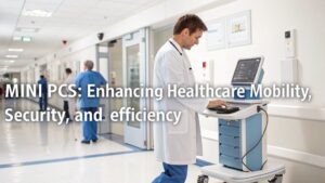 A realistic image of a healthcare professional using a compact mini PC in a modern medical setting. The doctor is accessing patient records on a small, powerful computer mounted on a medical cart next to advanced monitoring equipment. Clean, well-lit hospital environment with medical staff in background.