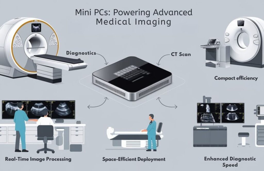 An infographic displaying how mini PCs power advanced medical imaging systems in healthcare. Show a sleek mini PC connected to MRI, CT scan, and ultrasound machines, with arrows highlighting real-time processing, compact size benefits, and diagnostic efficiency. Include healthcare professionals viewing high-resolution images on monitors.