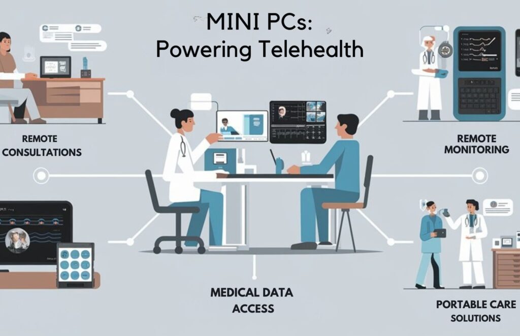 An infographic showing how mini PCs enable telehealth solutions with small form factors powering remote consultations, secure patient monitoring, and portable medical stations. Include visuals of healthcare professionals using mini PCs for virtual care, remote diagnostics, and accessing medical records from anywhere.