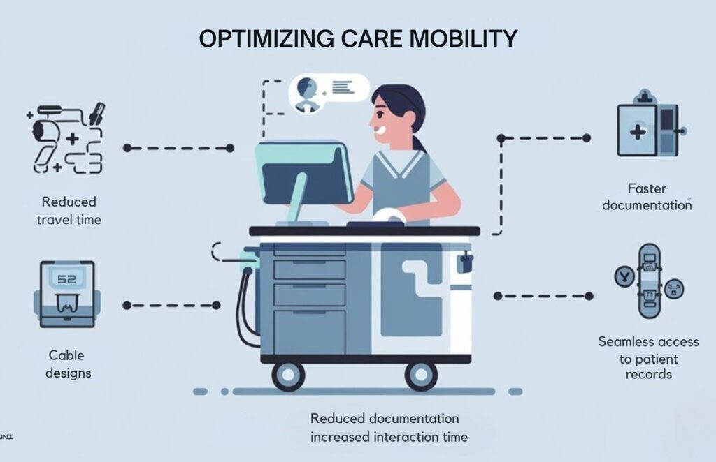 An infographic showing a medical cart with mini PC integration. Illustrate how it improves workflow, enhances mobility, and increases patient interaction time. Include visual comparisons of space-saving design, cable management, and ergonomic positioning. Display key benefits: reduced travel time, faster documentation, and seamless access to patient records.