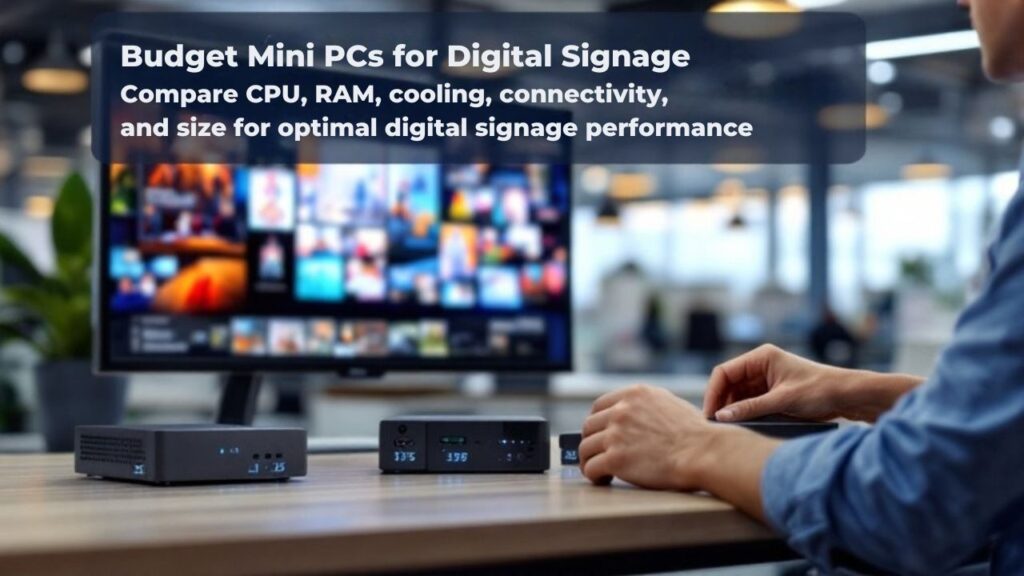 To choose Budget-friendly Mini PCs for Digital Signage, compare CPU, RAM, cooling, connectivity,  and size for optimal digital signage performance
