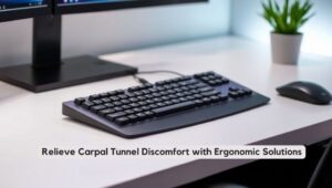 @ Midjourney AI Image Prompt: /imagine prompt:A realistic image of a sleek ergonomic keyboard on a modern desk, highlighting its curved design and wrist support. Soft ambient lighting enhances the scene for comfort.