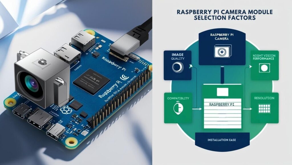 Comprehensive infographic illustrating the five key factors to consider when choosing a Raspberry Pi camera module with night vision capabilities. The image shows a technical decision tree layout with branches representing Image Quality Considerations (depicting sensor and lens components), Night Vision Performance (featuring IR LED indicators and moon symbol), Compatibility with Raspberry Pi (showing various Pi model connections), Sensor Resolution Options (displaying resolution scales from 5MP to 64MP), and Ease of Installation (illustrating plug-and-play connectivity).