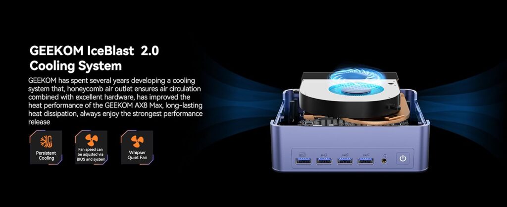 AX8 Max shown with airflow visuals and fan placement highlighting IceBlast 2.0 cooling system