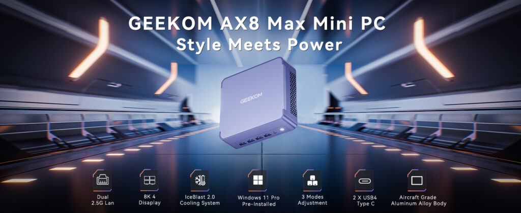 AX8 Max Mini PC highlighted against a futuristic backdrop with icons for gaming, design, and multitasking
