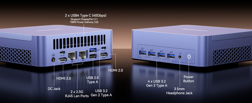 Close-up showing all USB, HDMI, LAN, and audio ports on the GEEKOM AX8 Max mini PC