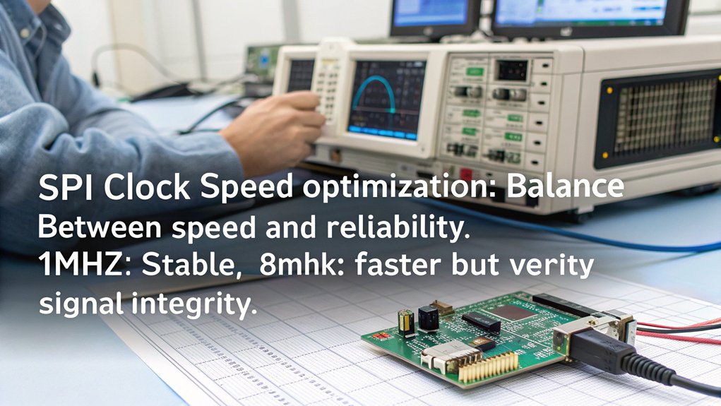 A realistic image showing a Raspberry Pi with an SPI display connection, featuring oscilloscope readings of different clock speeds (1MHz vs 8MHz) side by side. Engineers are analyzing timing diagrams and data transfer rates in a high-tech lab environment. Selecting the optimal SPI clock speed is one of the advanced SPI techniques we discuss in this article.