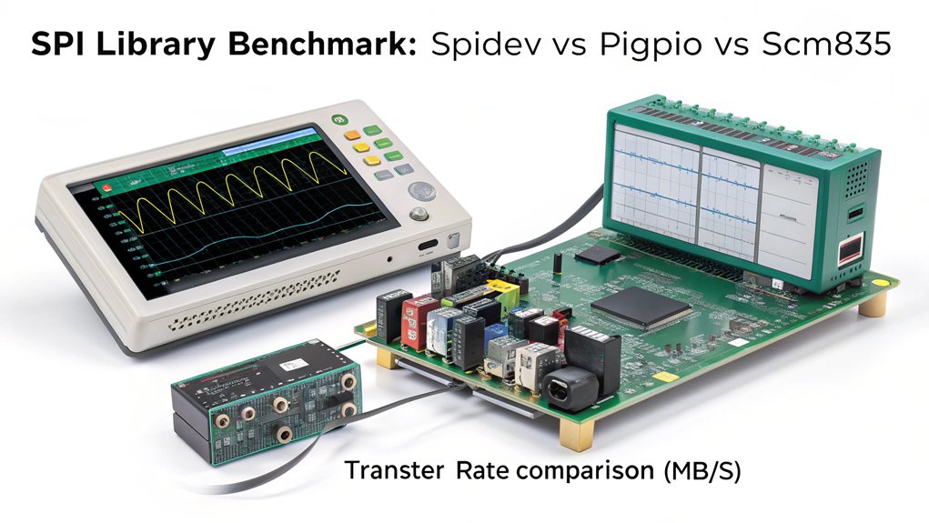 A realistic image showing a Raspberry Pi board with an oscilloscope display comparing SPI data transfer speeds between libraries. One display shows higher performance metrics, with digital waveforms and timing diagrams visible on both displays. Electronic components and code snippets surround the setup. 