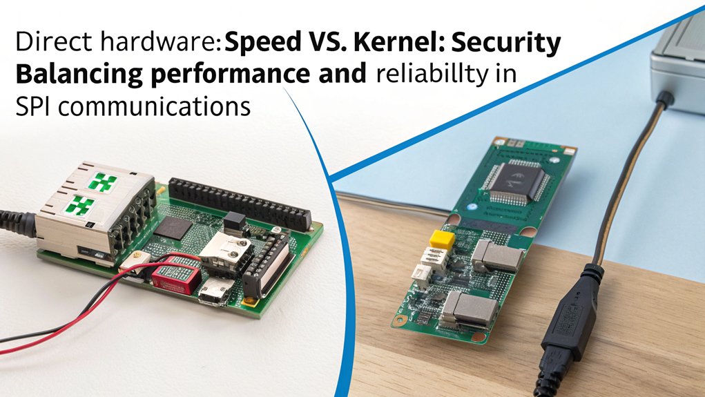 A realistic image showing a Raspberry Pi with exposed GPIO pins connected to an SPI device. Split screen comparison: left side shows direct hardware access with lightning-fast data flow but warning signs, right side shows kernel-based approach with orderly, secure data paths through Linux symbols. 