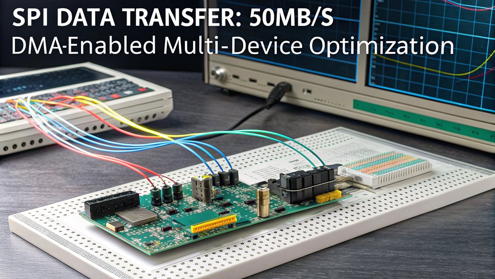 A realistic image showing a Raspberry Pi with multiple SPI devices connected via a breadboard and colorful jumper wires. Visualize data streaming between components with glowing blue light trails representing high-speed transfers. Include a digital oscilloscope displaying clean square waves and a laptop monitoring performance metrics.
