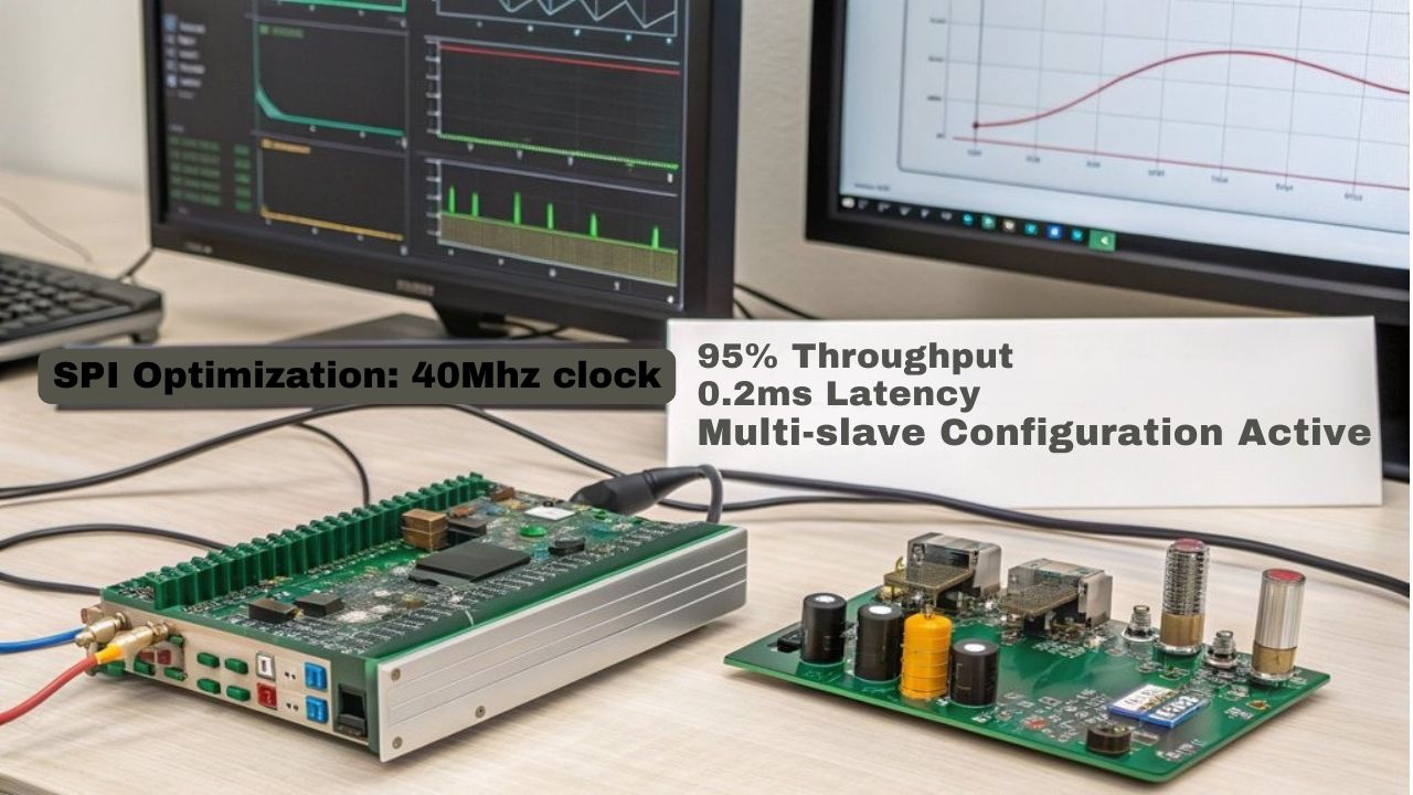 A realistic image depicting a Raspberry Pi setup with multiple SPI-connected devices showing real-time performance monitoring. LED indicators flash during data transfer while a computer screen displays throughput graphs and timing statistics. Engineers analyze oscilloscope readings showing clean, optimized SPI signals with minimal latency.
