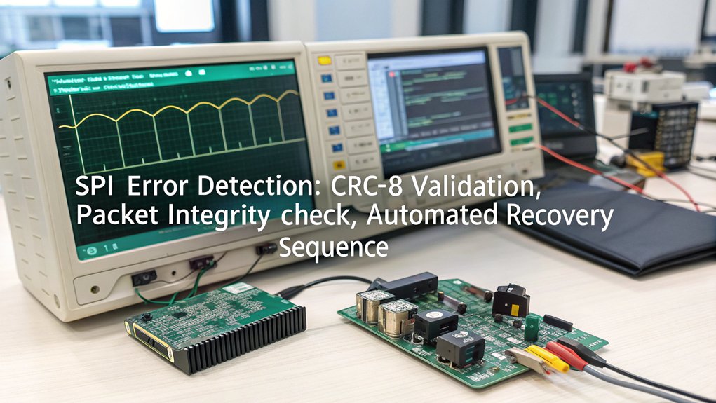 A realistic image showing a Raspberry Pi connected to multiple SPI devices with oscilloscope displaying error detection signals. Circuit traces highlight CRC implementation and automated retry mechanisms. Engineers analyze data on monitors showing packet integrity verification and recovery protocols in a modern electronics lab.
