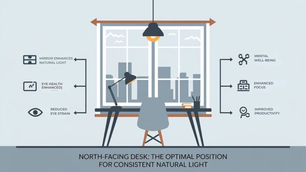 An infographic illustrating the advantages of north-facing desk placement for consistent, glare-free natural lighting throughout workdays. Show a desk by north-facing windows with arrows indicating light direction, alongside benefits for productivity, eye health, and mood enhancement. Include simple icons representing reduced eye strain and improved focus. 