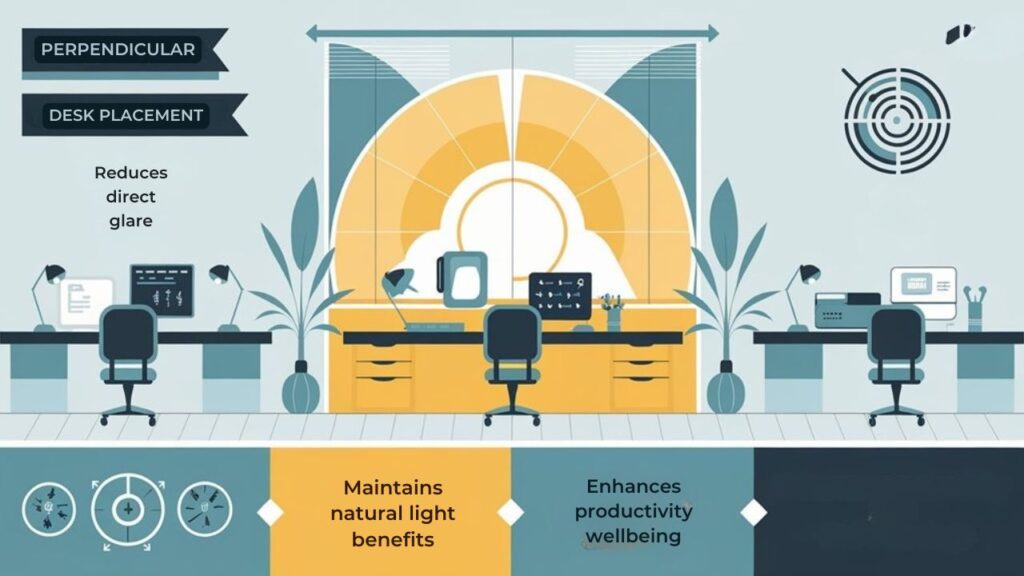 An infographic showing optimal desk positions for natural light perpendicular to windows to reduce glare while maximizing natural light benefits. Include visual examples of correct/incorrect desk placements, sun path diagrams, and productivity indicators. Use calming blues and yellows. 