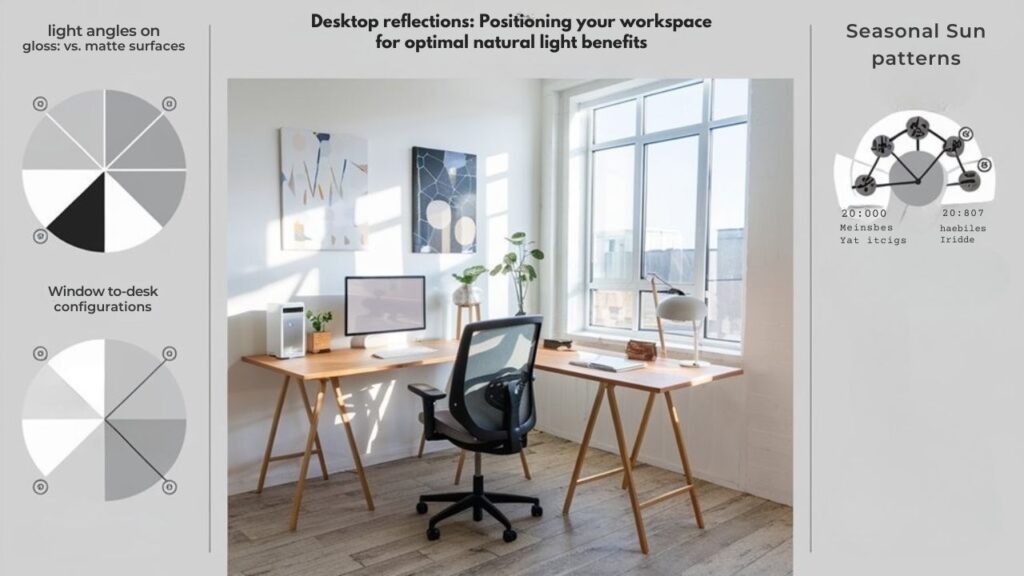 :An infographic illustrating how desktop reflective surfaces interact with natural light, showing optimal desk positioning to maximize health benefits. Include diagrams of light angles on glossy vs. matte surfaces, window-to-desk configurations, and seasonal sun patterns affecting workspace illumination.
