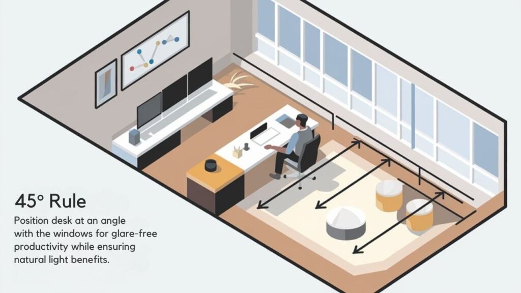 An infographic illustrating the 45-Degree Rule for optimal desk placement, showing how positioning your desk at a 45-degree angle to windows prevents glare while maximizing natural light. Include a top-down room diagram with arrows showing light paths and a person working comfortably. 