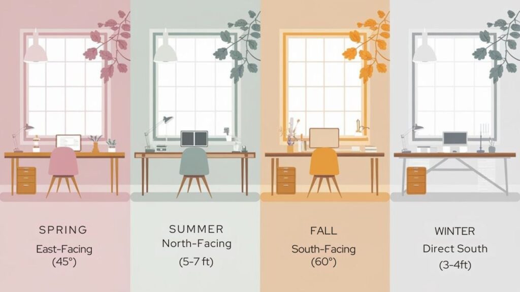 An infographic showing how to position desks throughout seasons to maximize natural light exposure. Include four seasonal illustrations with desk positions for natural light relative to windows, optimal angles, and distance recommendations. Use soft colors representing each season's light quality.