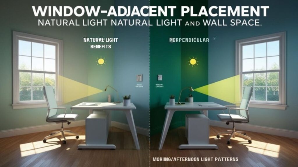 An infographic showing optimal desk placement near windows for natural light benefits while maximizing wall space. Include side-by-side comparison of perpendicular vs. parallel desk positions, lighting patterns throughout day, and ergonomic considerations.