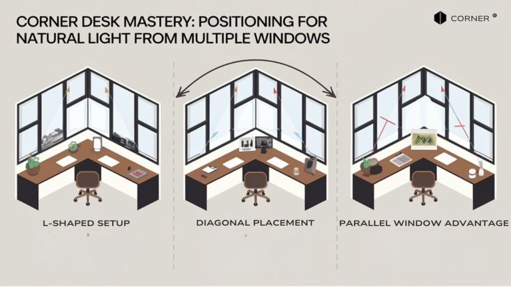 An infographic showing three optimal corner desk arrangements for multiple windows, highlighting how each maximizes natural light exposure. Include diagrams of L-shaped, diagonal, and parallel window setups with arrows indicating light flow and productivity zones. 