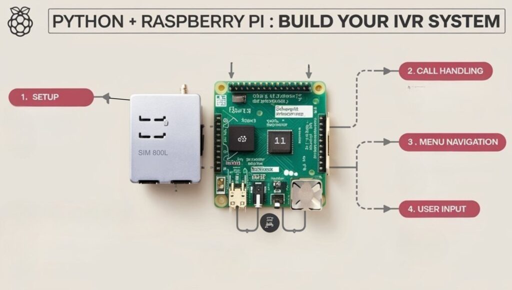 An infographic showing how to program an IVR system using Raspberry Pi 4 with SIM800L. Include code snippets for handling calls, playing messages, and capturing DTMF input. Visualize the hardware connections between Pi and SIM800L module. Show the complete call flow diagram.