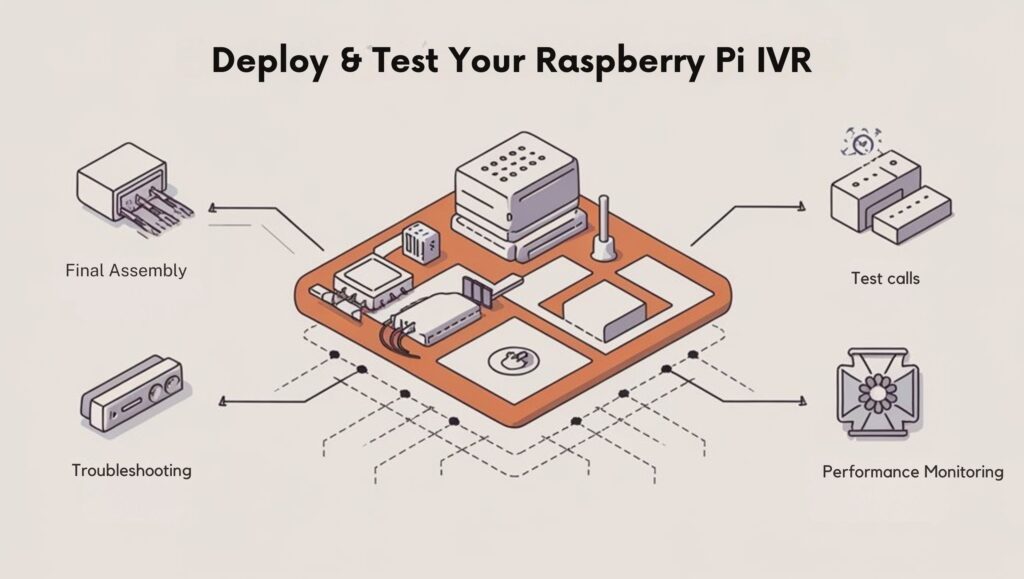 An infographic showing the step-by-step process for deploying and testing a Raspberry Pi/SIM800L IVR system. Include visuals of connecting the final hardware, running test calls, troubleshooting common issues, and monitoring system performance with Asterisk logs. Highlight real-world deployment considerations like power backup and network reliability. 