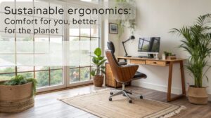 A realistic image of a modern home office with ergonomic chair made from sustainably harvested wood and recycled materials, natural light streaming through large windows, indoor plants adding life, bamboo desk, adjustable monitor arm, and natural fiber rug on reclaimed wood floors