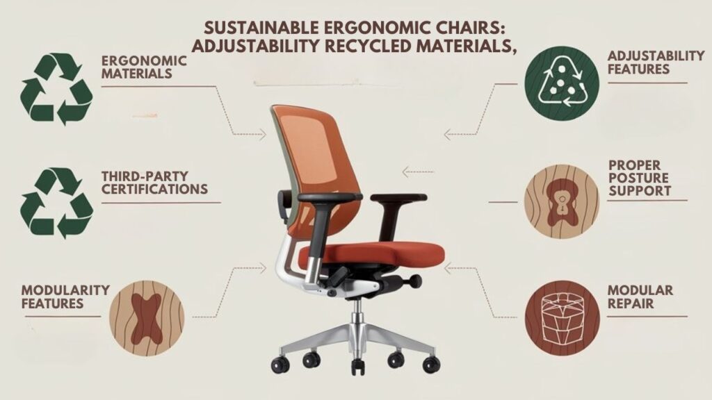 An infographic illustrating key sustainability and ergonomic features of eco-friendly office chairs. Show recycled/renewable materials, certifications, adjustability features, proper posture support, and modularity for repair. 