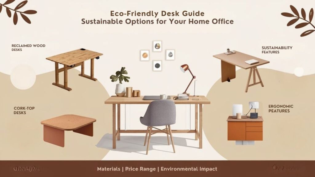 An infographic showing 5 eco-friendly desk options for home offices. Include bamboo standing desks, reclaimed wood surfaces, cardboard desks, cork-top options, and recycled plastic workstations. Visualize sustainability features, price ranges, and ergonomic benefits of each with earthy color scheme.