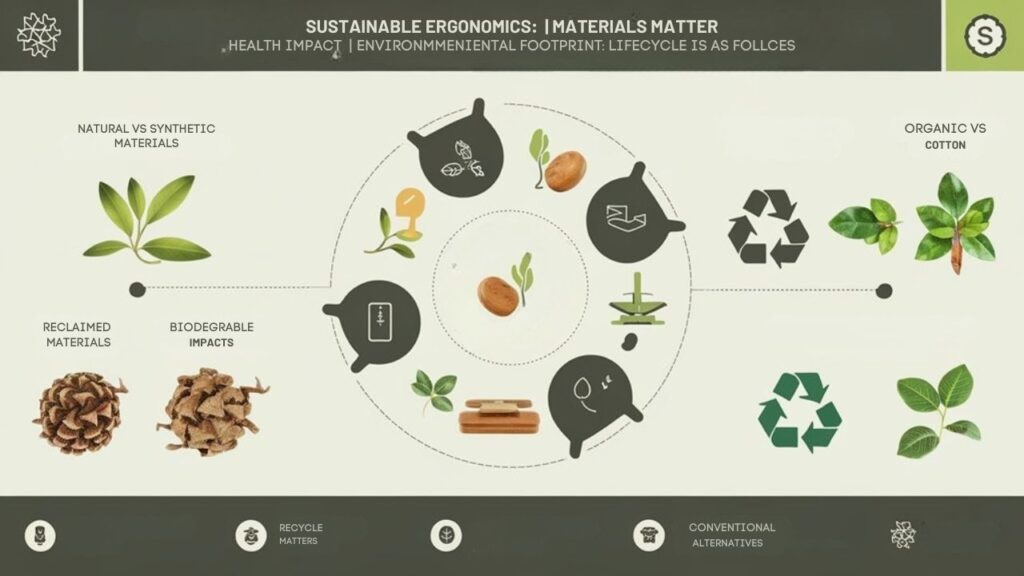 An infographic illustrating how material choices in sustainable ergonomic furniture affect health and environment. Show natural vs synthetic materials, highlighting VOC emissions, biodegradability, and lifecycle impacts. Include visual comparisons of bamboo, recycled metals, organic cotton vs conventional alternatives.