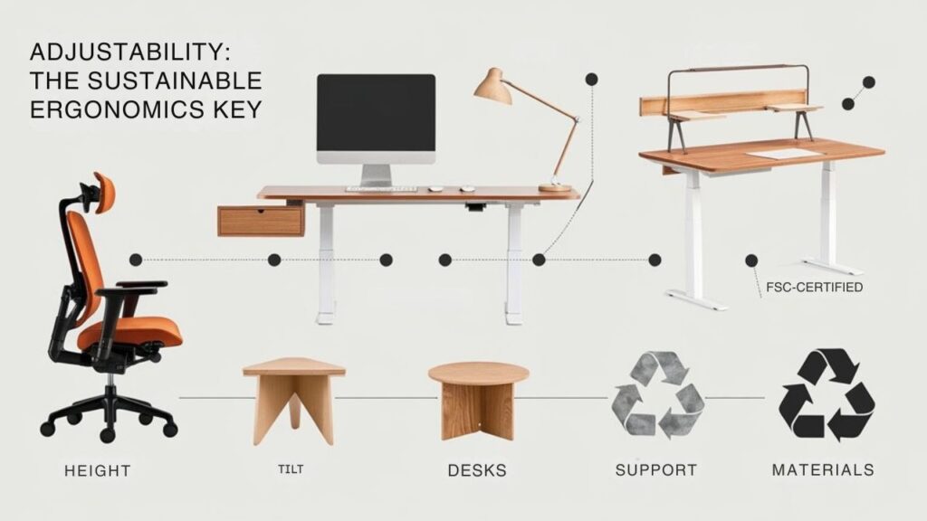 An infographic illustrating how adjustability drives sustainable ergonomic furniture design, showing various adjustment points (height, tilt, depth) on sustainable home office chairs, desks, and keyboard trays. Include visuals of proper posture and eco-friendly materials like bamboo, FSC-certified wood, and recycled aluminum.