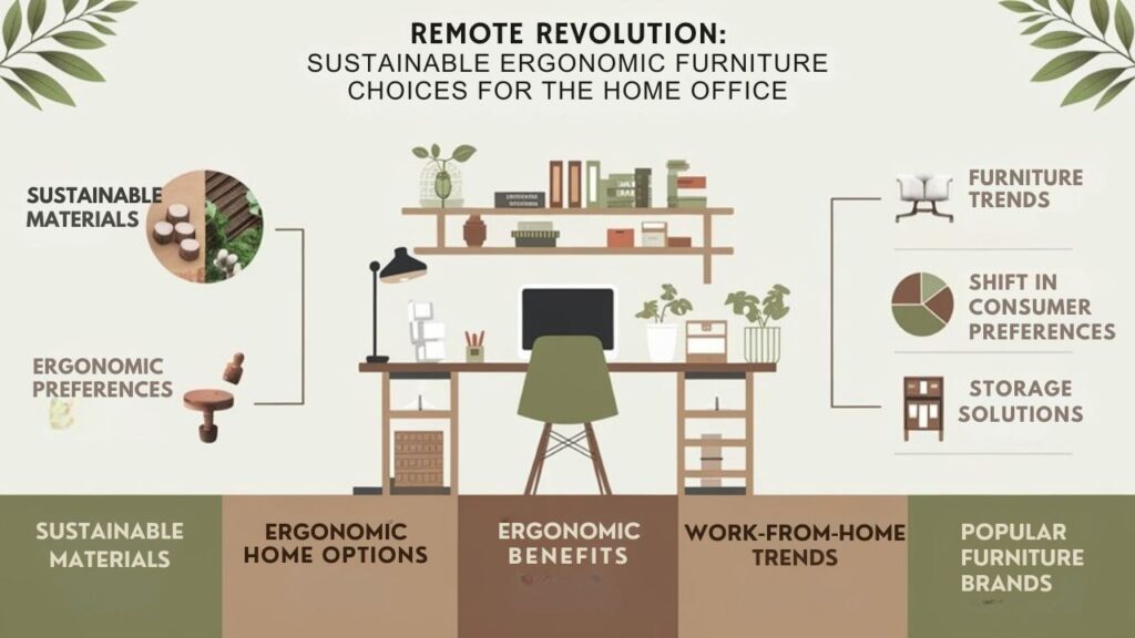 An infographic showing how remote work has transformed furniture preferences, featuring eco-friendly sustainable ergonomic furniture options for home offices. Include charts on sustainable materials, ergonomic benefits, and popular work-from-home furniture trends. Use earthy colors and minimalist design with plant elements.