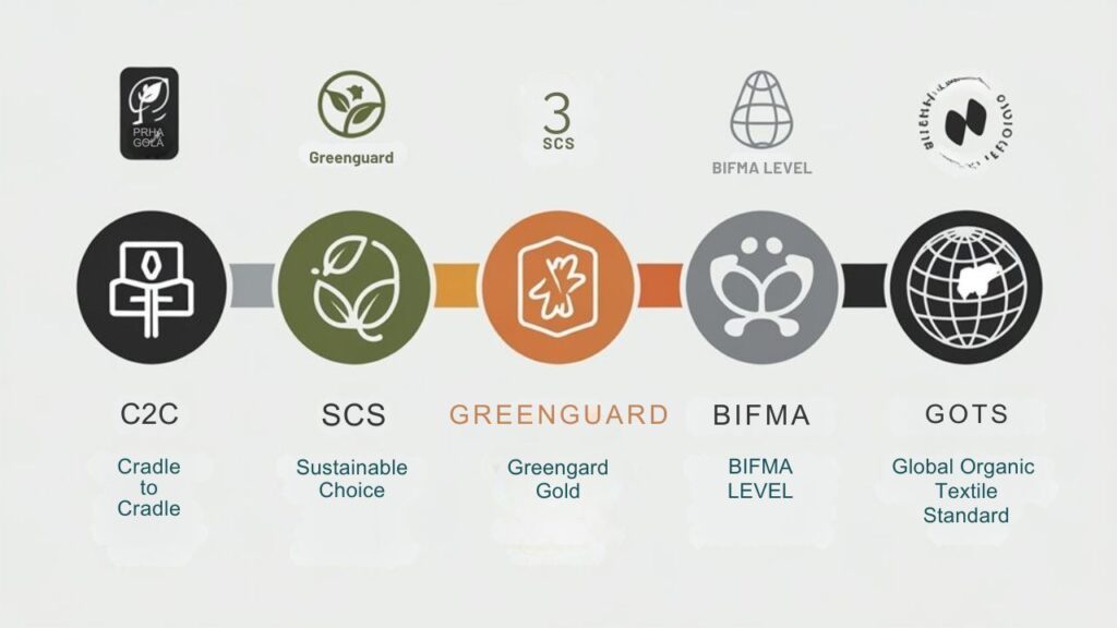 An infographic showing 5 leading certifications for sustainable ergonomic furniture using icons and color-coding. Include FSC, GREENGUARD Gold, SFC, BIFMA LEVEL, and Global Organic Textile Standard certifications with brief descriptions of what each one verifies.