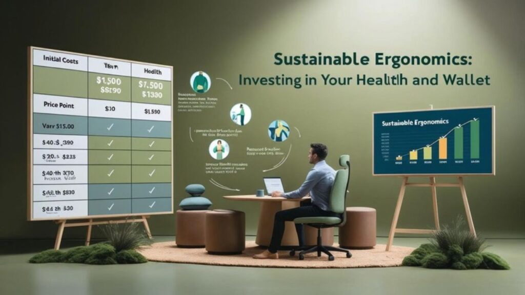 An infographic showing how to select sustainable ergonomic furniture that balances initial costs with long-term health benefits. Include comparison charts for different price points, health benefits visualization, and ROI timeline. Use earthy color scheme with green, brown, and blue tones.