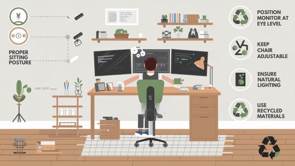:An infographic showing a complete ergonomic home workspace with sustainable furniture. Include sections for: proper sitting posture, adjustable chair features, desk height measurements, monitor positioning, keyboard placement, lighting considerations, and eco-friendly material options. 