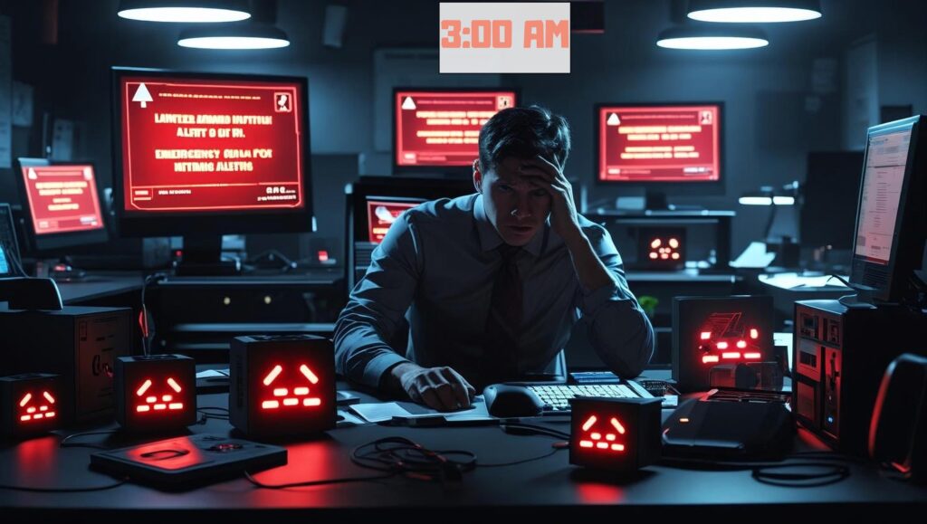 IT professional responding to critical Raspberry Pi fleet failure alerts at 3 AM